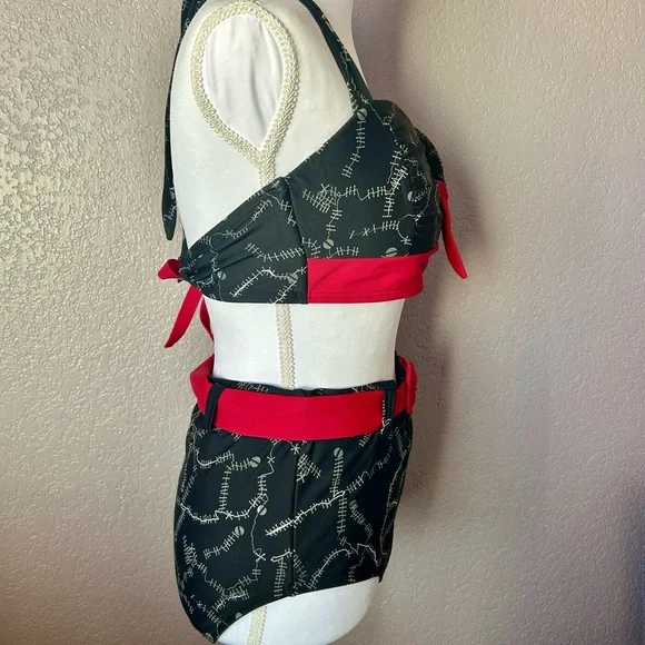 Unique Vintage Black Swim Two-Piece with Red Accents - Picture 3 of 6